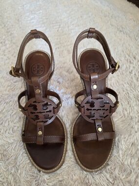 Tory Burch Brown Leather Wedge Sandals (4.5in) - Miller Collection - Size 9M